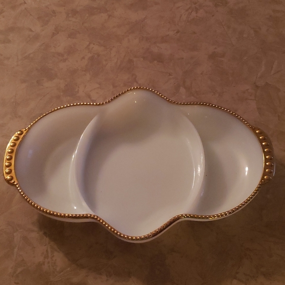 Mid-Century Fire King Oven Ware Milk glass Divided Dish With Gold Details - Picture 3 of 4